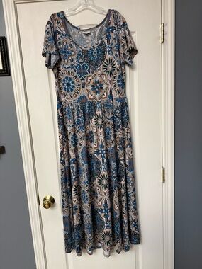 LuLaRoe Scoop-Neck Maxi Dress in Blue and Tan Medallion Print